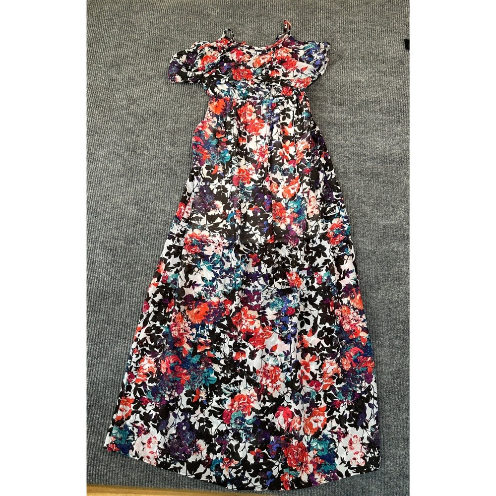 Xhilaration Floral Ruffle Maxi Dress Small‎ Multicolor Chiffon Cold Shoulder